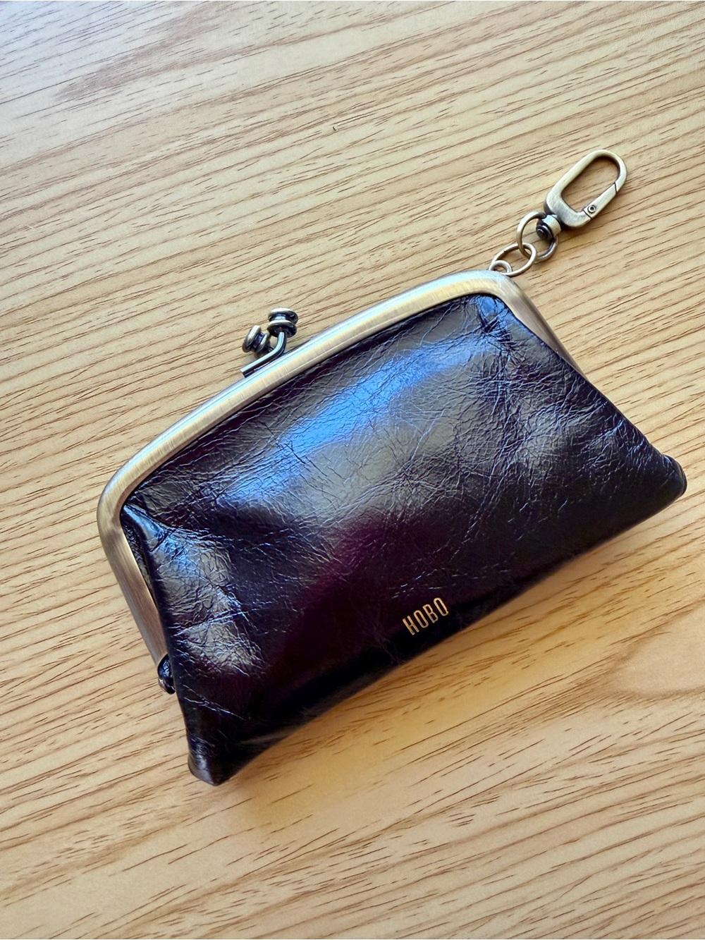 Mini Frame Pouch Black Leather Gold hardware with key clip keychain - Hobo